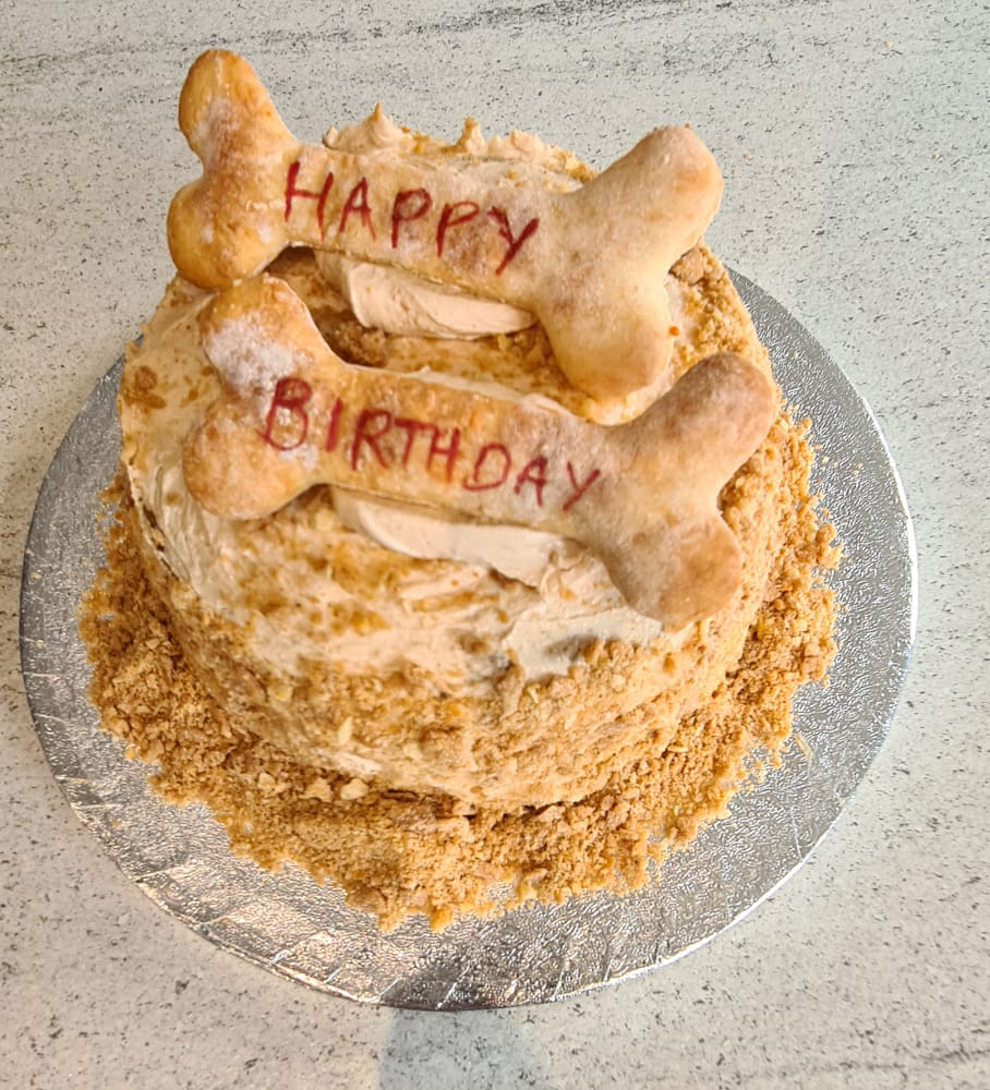 Peanut butter dog birthday celebration cake